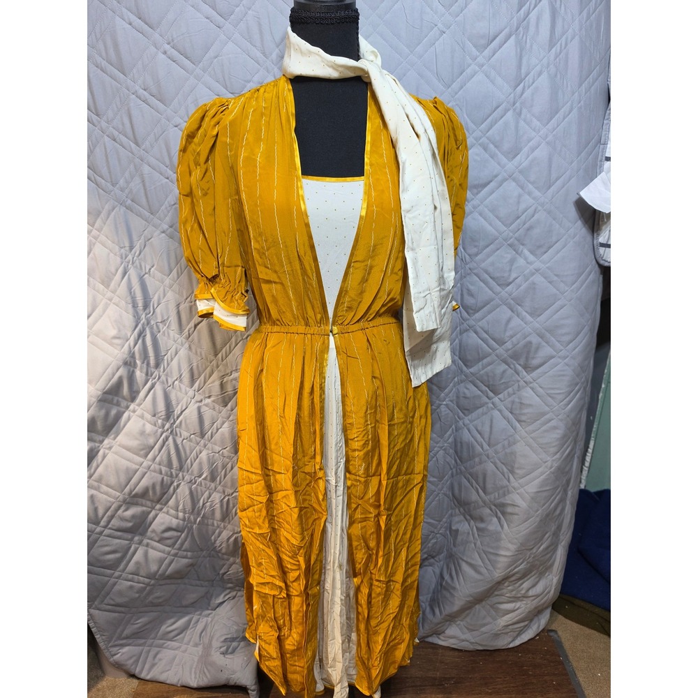 Mose Milano Italy 3pc Set Mustard Yellow Cardigan Polka Dot Pleated Dress Scarf
